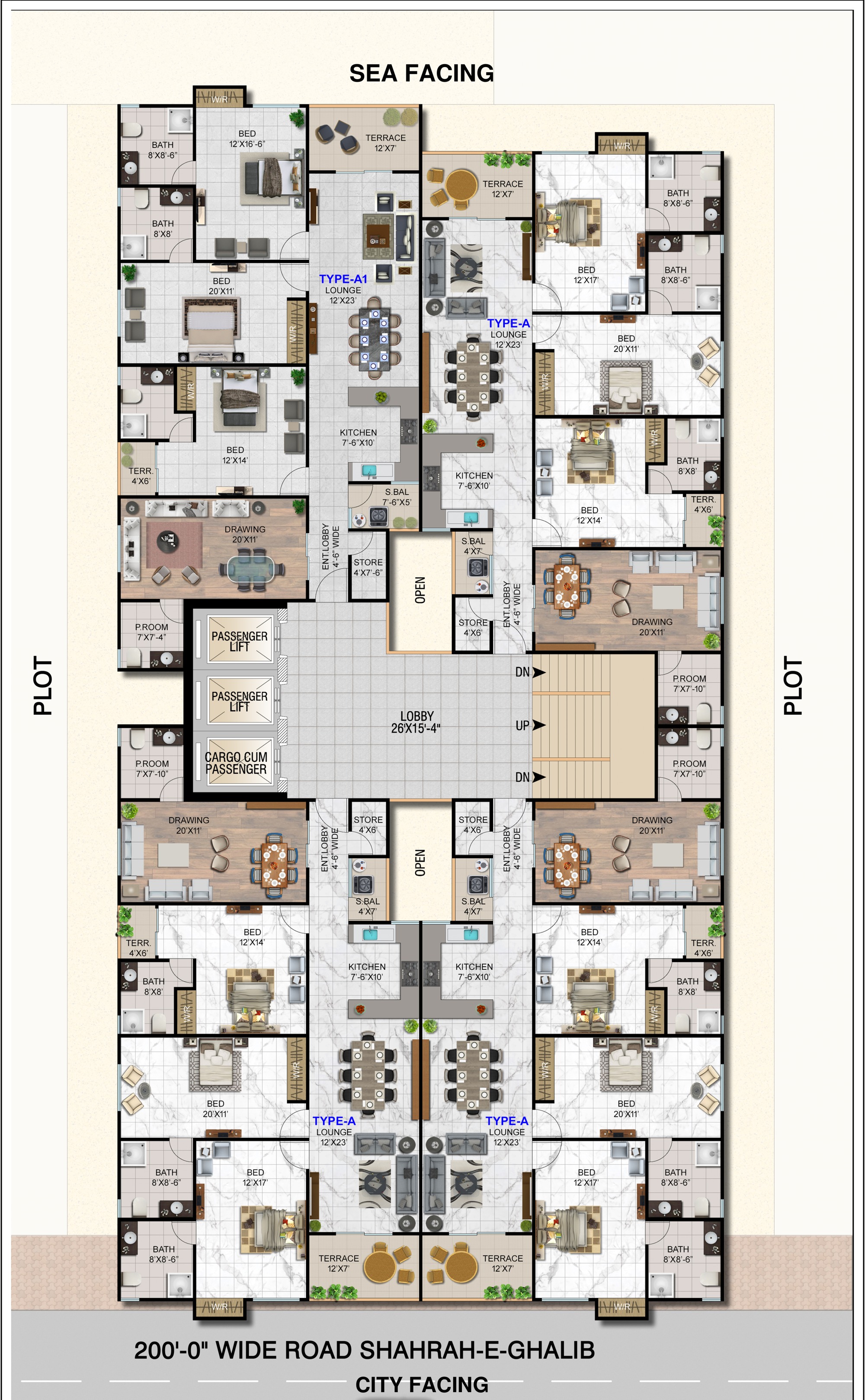 Uploaded full floor plan: two sea-facing apartments at the top, two city-facing apartments below, lifts and a common lobby in the centre